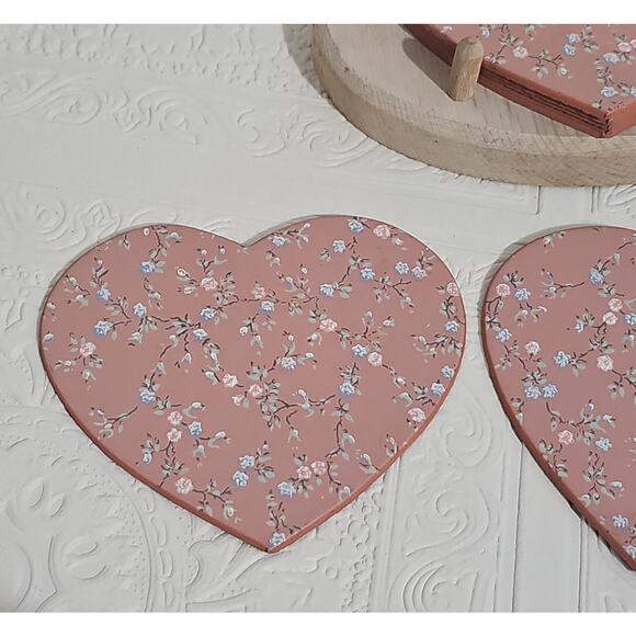 Coaster Set Homewarmers By Valorie Hearts with Wood Base Cottagecore Shabby Chic - Picture 9 of 10